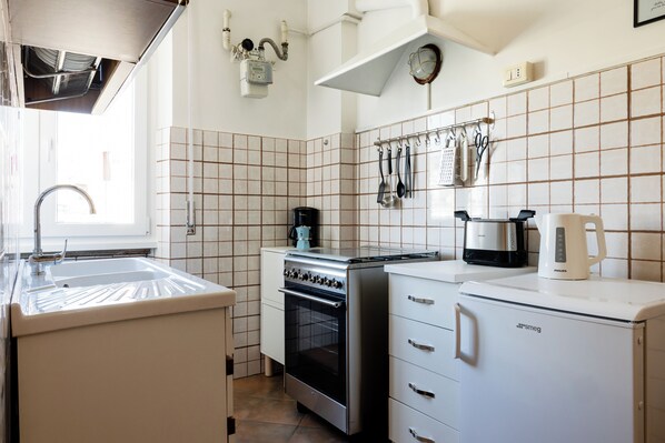 Fridge, oven, stovetop, cookware/dishes/utensils