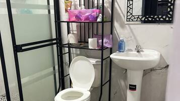 Hiustenkuivaaja, pyyhkeet, saippua, vessapaperi