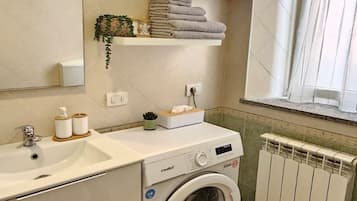 Shower, hair dryer, bidet, towels