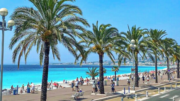 A coastal promenade lined with palm trees and a beach in the background. - Apartment for 8 guests in Nice city center (Nice)