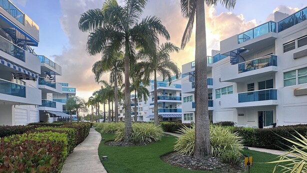 A pathway lined with palm trees and well-maintained grass, leading to modern multi-story buildings with balconies. - Cozy Studio in CostaMar Beach Village PR (Medianía Alta)