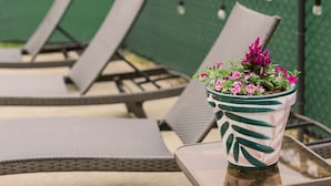 A patio area with lounge chairs and a potted plant. - CF Ranch & Cattle Co. Guest House (Burbank)
