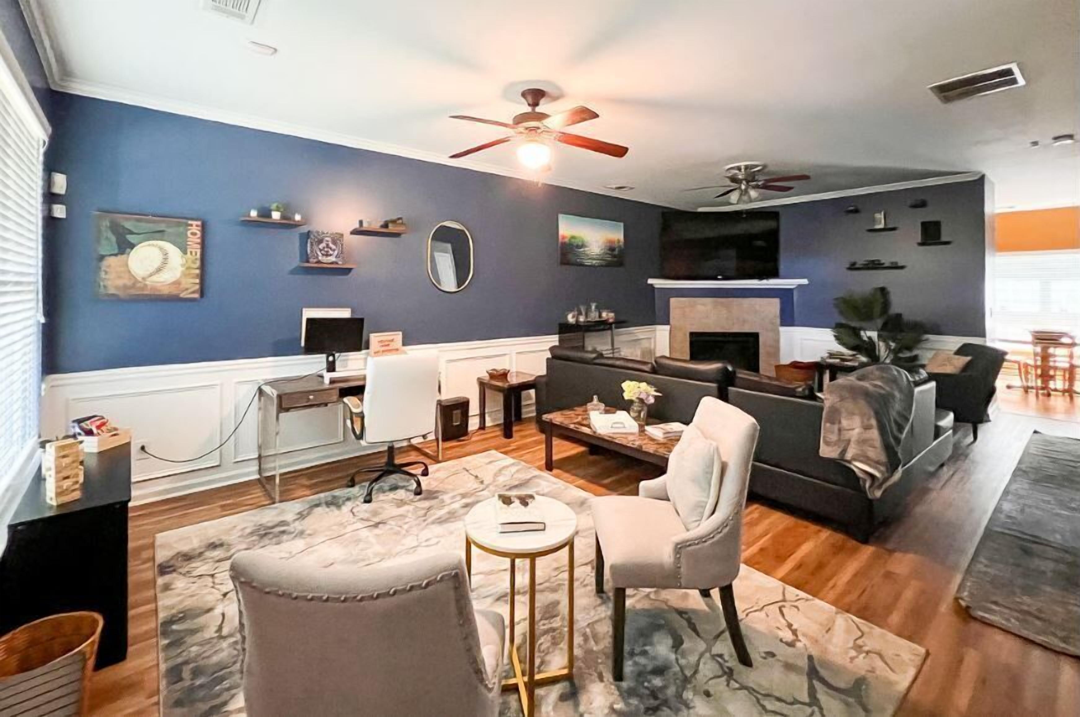 TV, fireplace, books