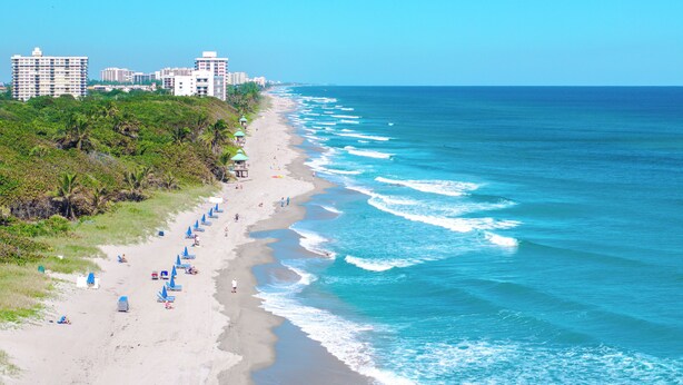 Una playa con una fila de sombrillas azules, una orilla arenosa y edificios al fondo.