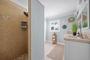 Hair dryer, towels, soap, shampoo