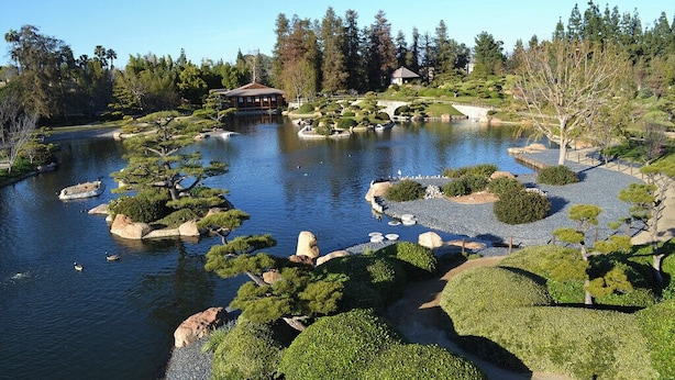 A serene garden with a pond, rocks, and neatly trimmed bushes. - Spacious Home with Gazebo, Lounge Near Lake Balboa (Los Angeles)