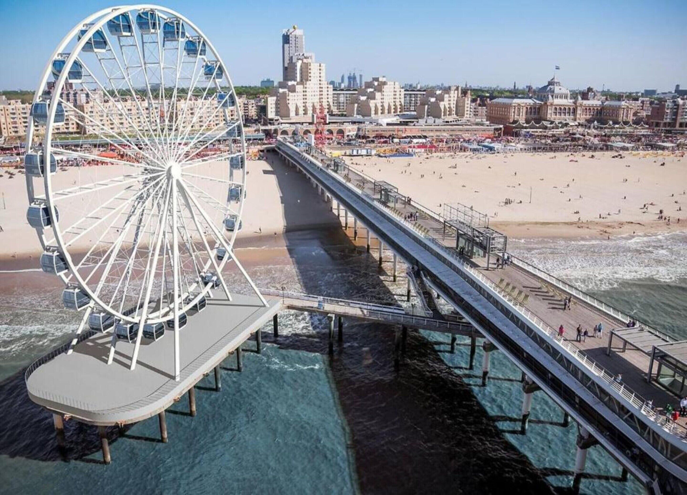 A Ferris wheel, a beach, and a pier with people walking.