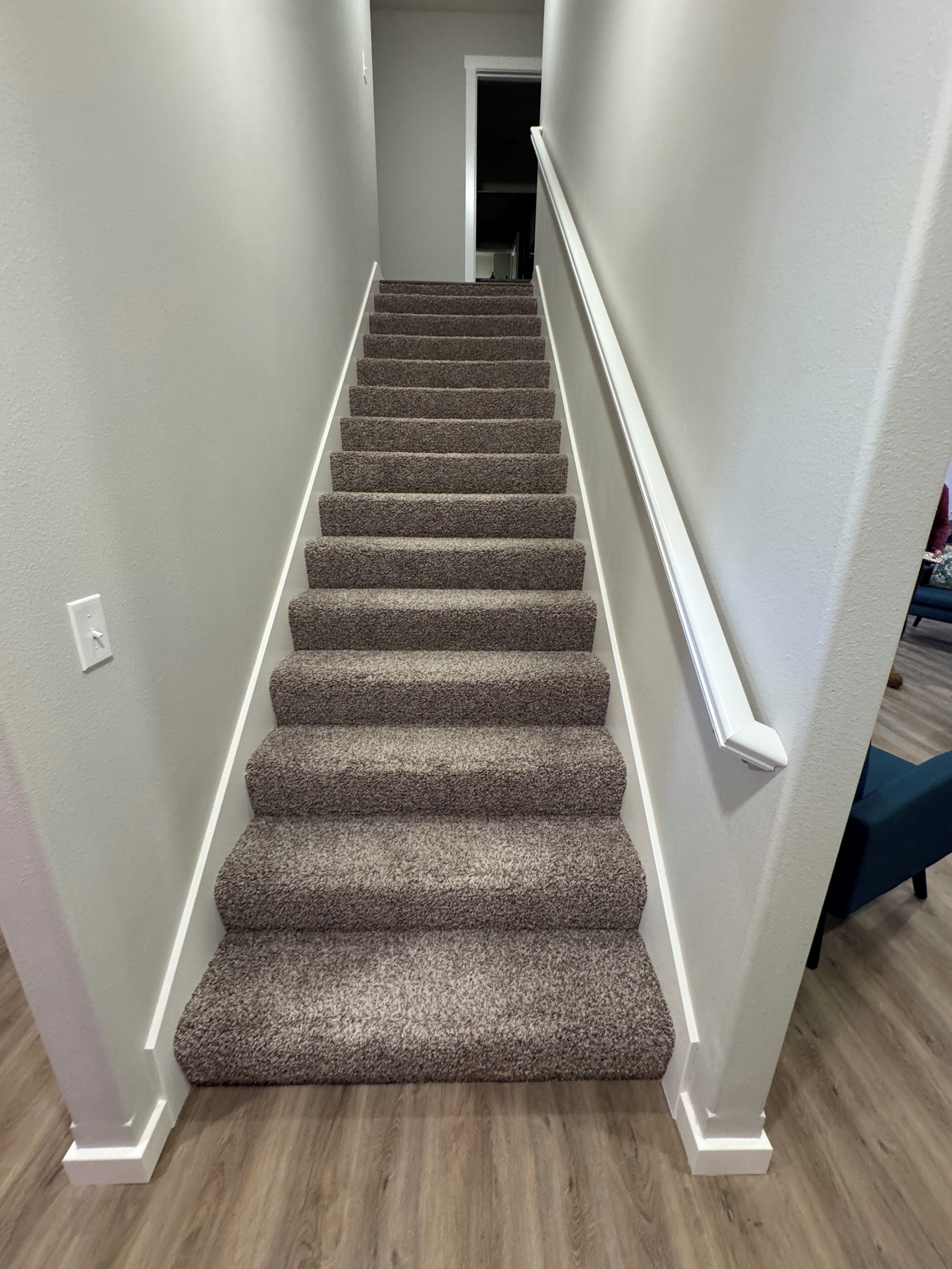 Un escalier recouvert de moquette, avec des moulures blanches et un plancher en bois.