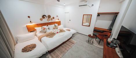 Family Double or Twin Room, Private Bathroom | In-room safe, desk, laptop workspace, blackout drapes