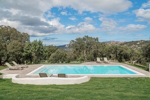 Una piscina rectangular con un borde de piedra, rodeada de césped y árboles.