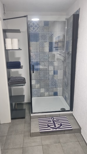 Shower, hair dryer, towels, soap