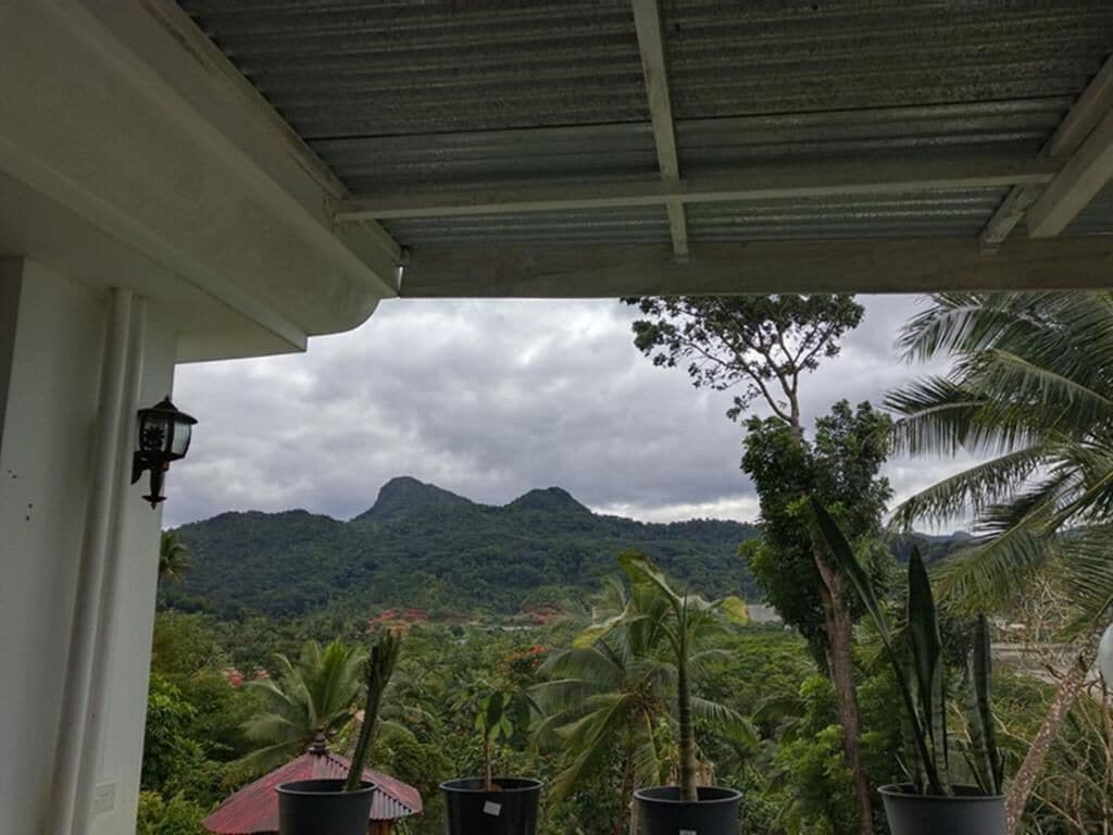 Ein überdachter Balkon mit Blumentöpfen und Blick auf eine Berglandschaft.