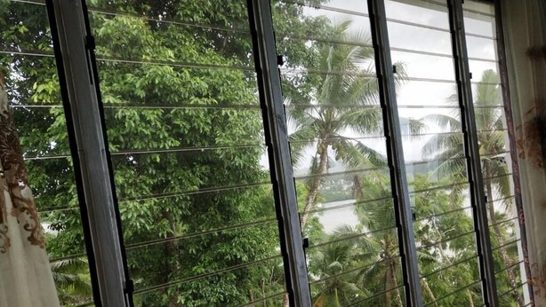 A window with metal bars, a view of lush greenery and palm trees outside. - Suva Hideaway Villa (Suva)
