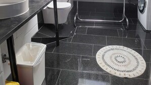 Une salle de bain moderne avec un puits de lumière, un lave-linge et des toilettes.