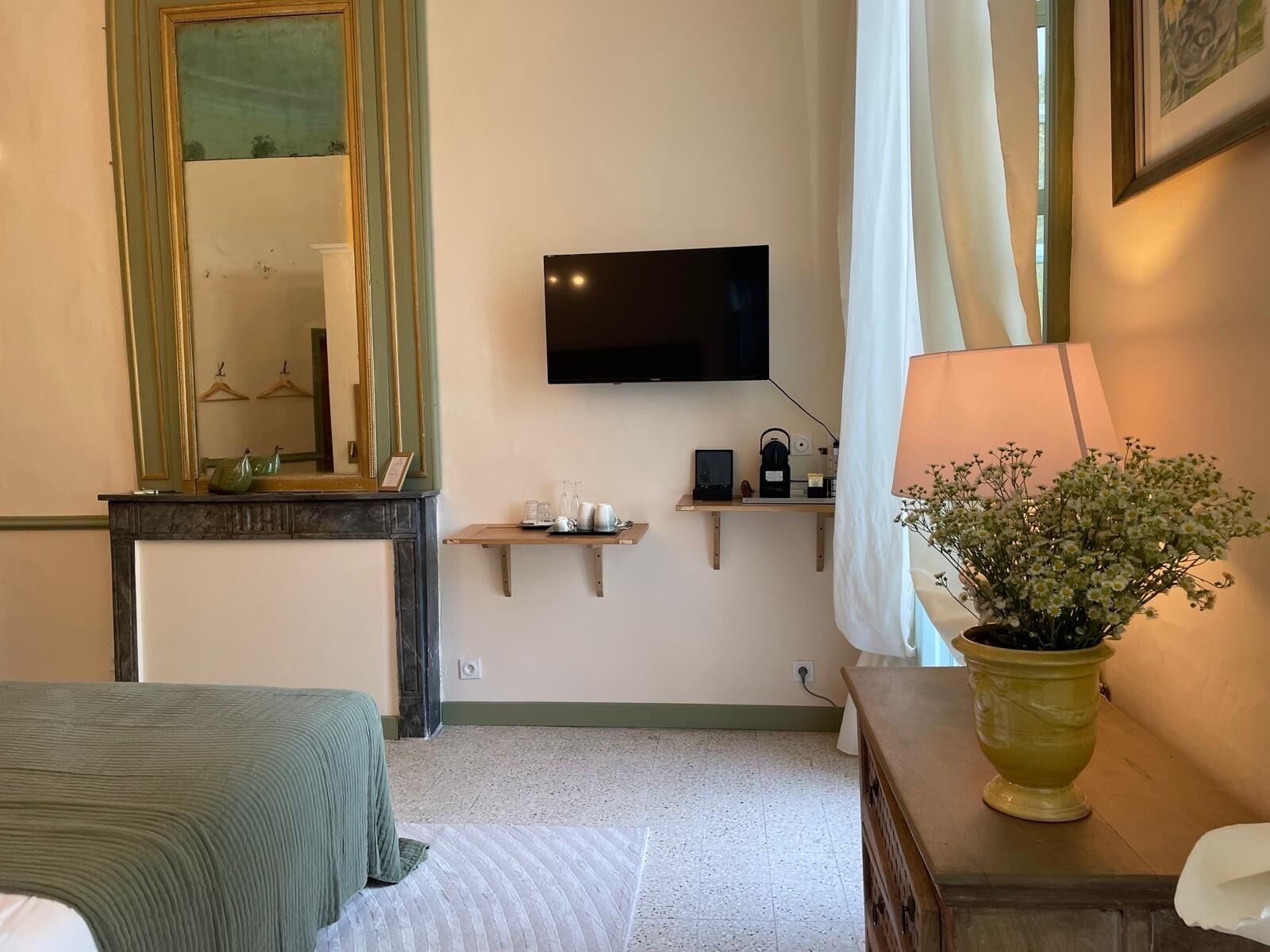 Habitación de hotel con cama, televisión, espejo, mesita de consola, planta y ventana con cortinas.