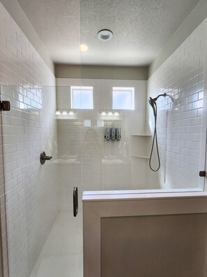 Shower, towels, toilet paper