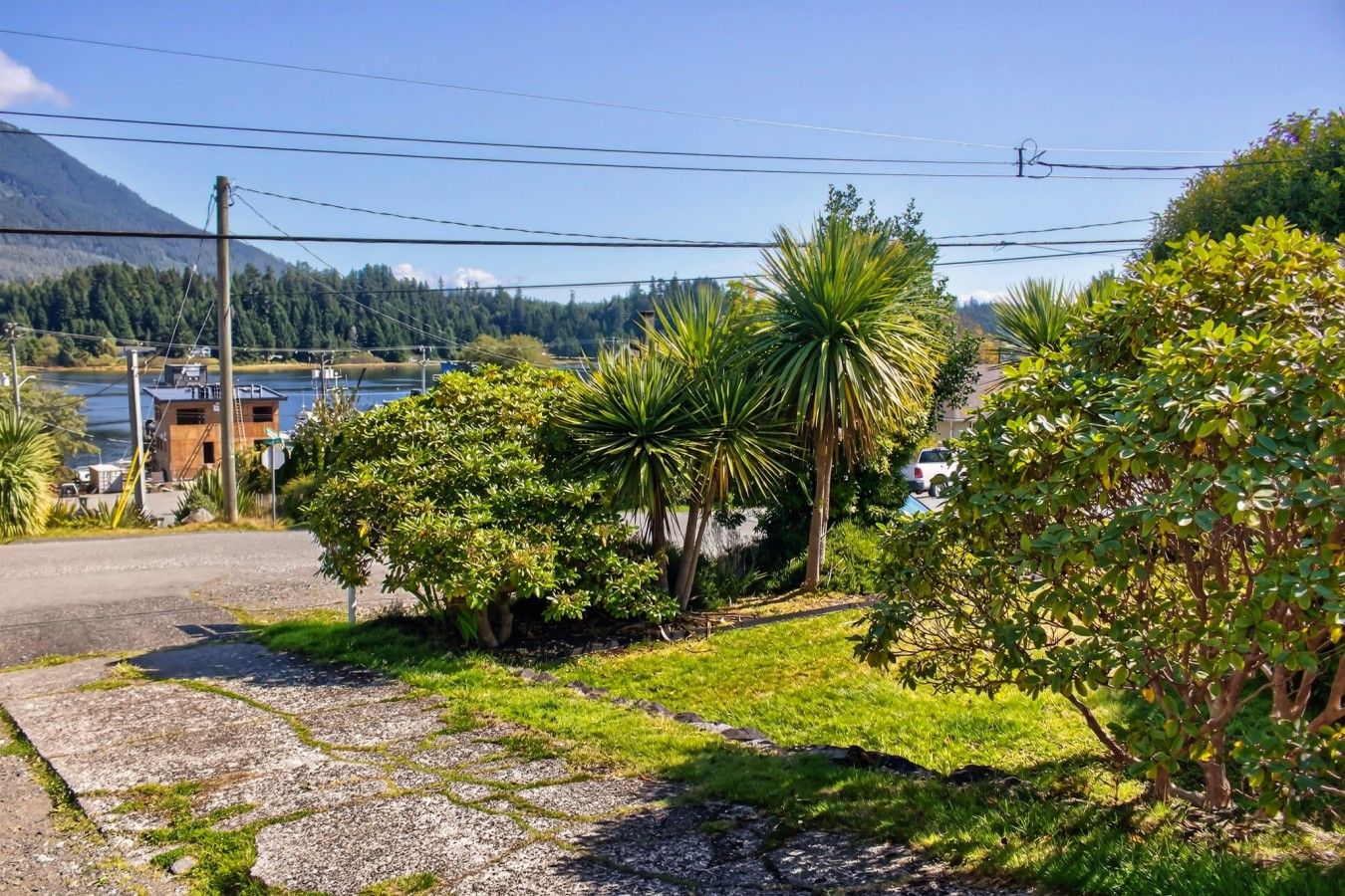 A residential area with a paved driveway, lush greenery, and a view of a lake and mountains in the background.