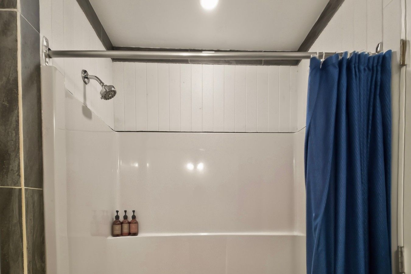 Un espace douche doté d’une porte en verre, d’un pommeau de douche et d’un rideau bleu.