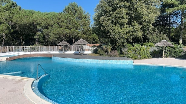 Una piscina cristalina con borde curvo, rodeada por una valla blanca, árboles y un pequeño pabellón con techo de paja.