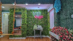 A room with a green wall, a neon sign reading "VIP lounge", and a small table with plants.