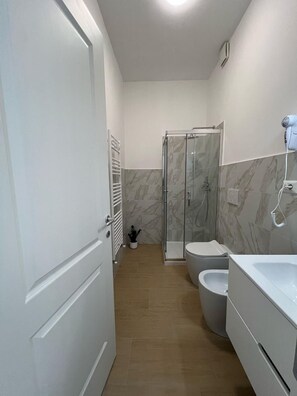 Hair dryer, bidet, towels, soap