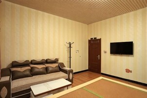 Una habitación con sofá, televisor de pantalla plana, piso de madera y una puerta.