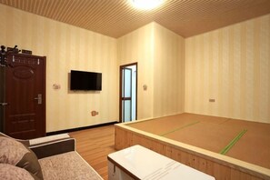 A room with a wooden floor, a television mounted on the wall, a door, and a large open space.
