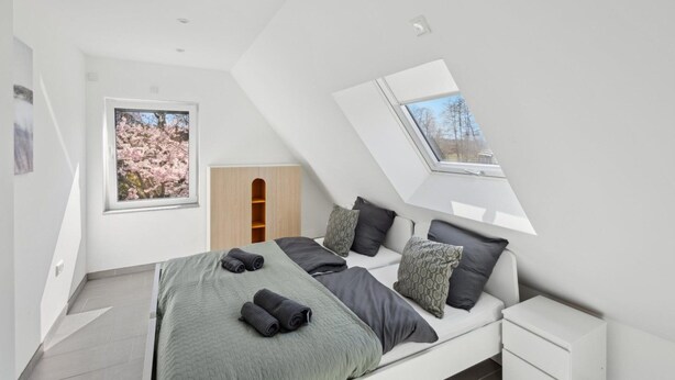 Ein modernes Schlafzimmer mit Schräge, einem Oberlicht, einem großen Bett mit Kissen und einem hölzernen Kleiderschrank.