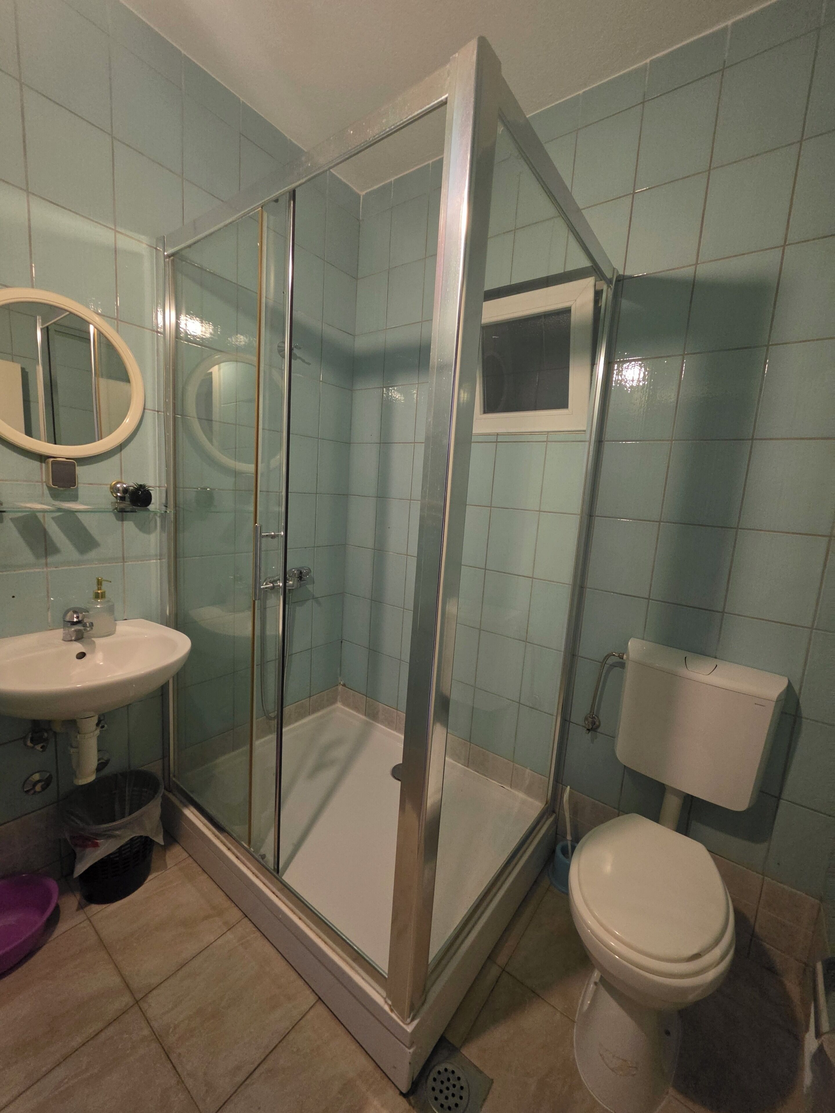 A bathroom with a glass-enclosed shower, a sink, a toilet, and a mirror.
