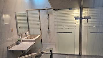 Shower, hair dryer, bidet, towels