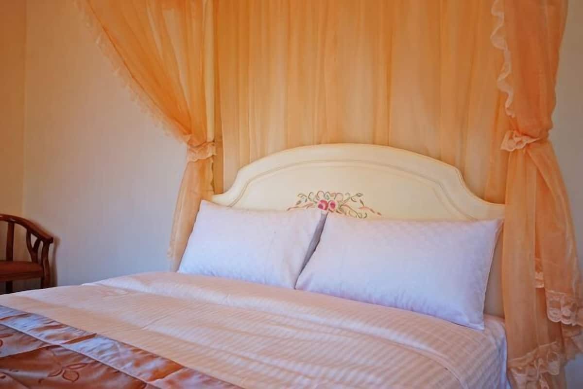 Una cama con dosel, una silla de madera y una pared sencilla.
