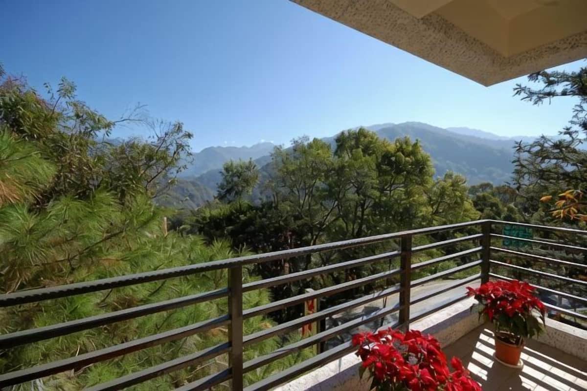A balcony with a railing, a potted plant with red flowers, and a mountainous landscape in the background.