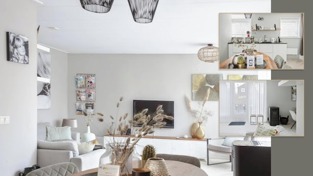 A modern living room with a dining area, featuring a wooden table with a tray, a sofa, and a TV. - Holiday Home in Yn e Lijte With Water Sports (Grou)
