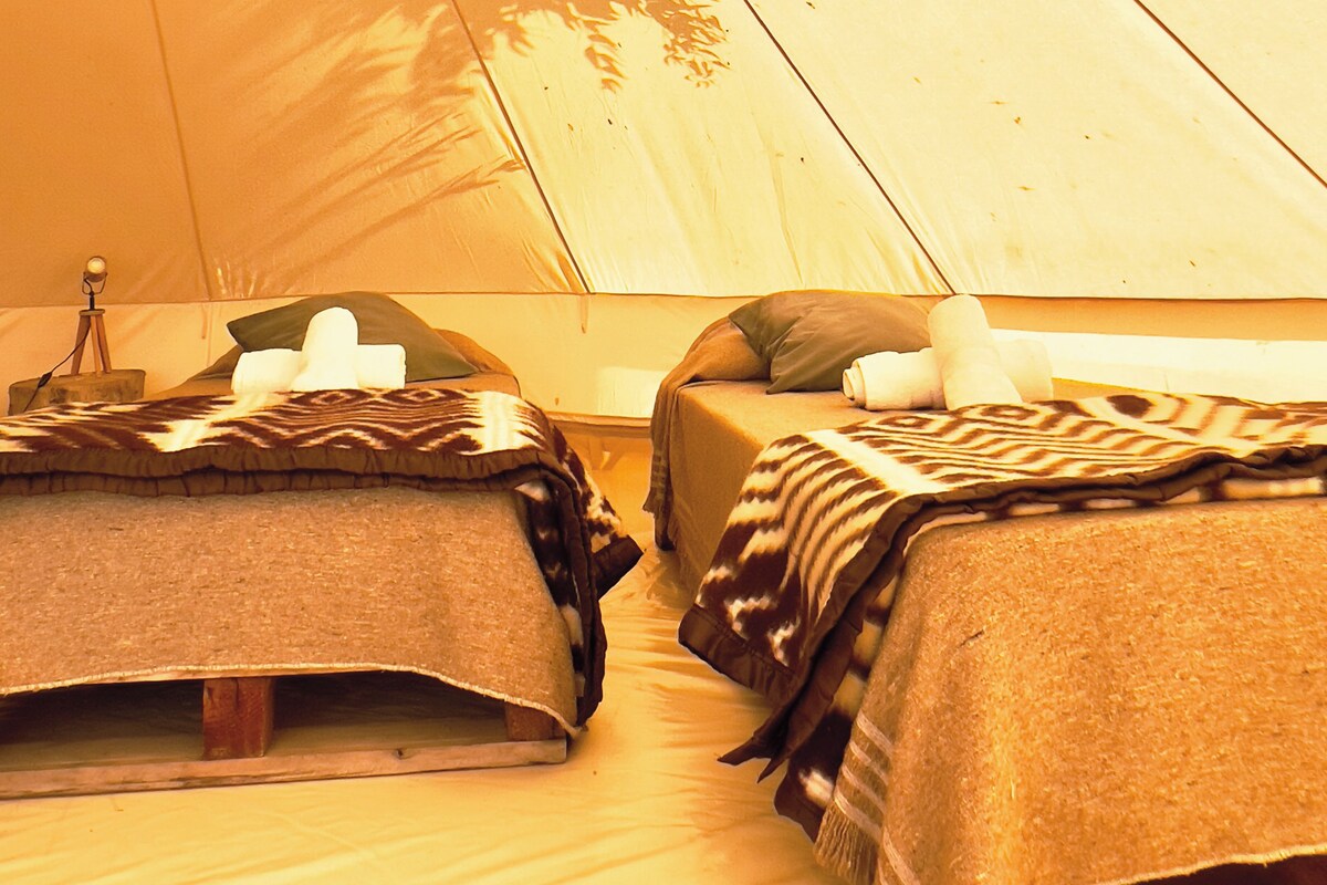 Two beds in a tent with blankets and pillows.