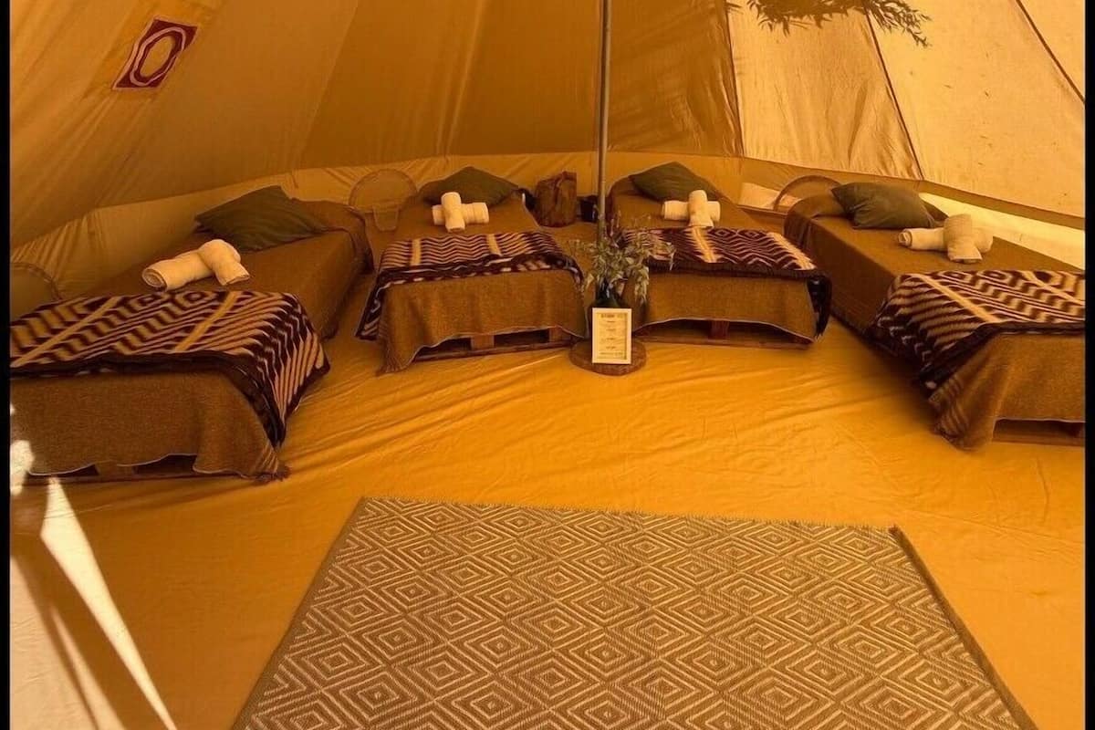 A tent with three sleeping areas, each with a bed, pillows, and blankets. There is a small table with a plant in the center.