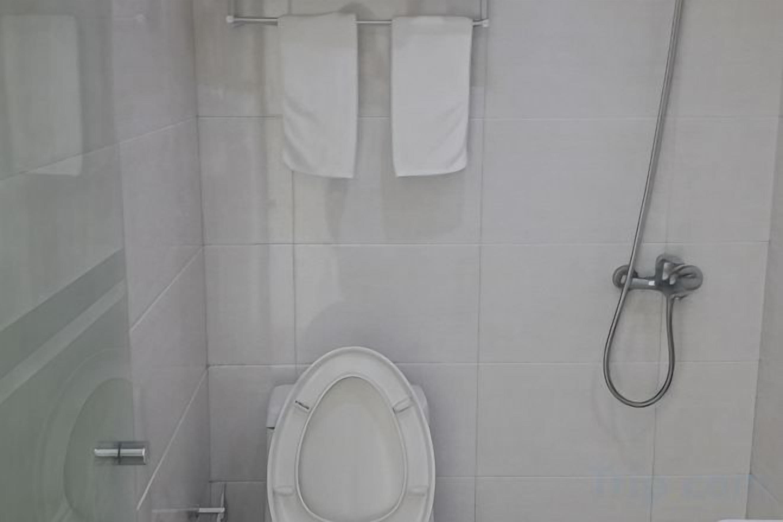 Et badeværelse med toilet, bruser og to håndklæder hængende på en holder.