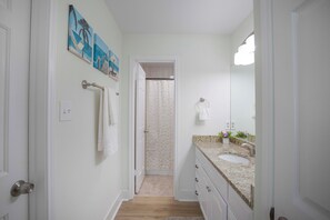 Hair dryer, towels, soap, toilet paper