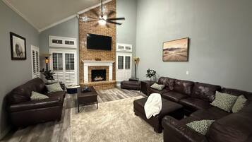 Smart TV, fireplace, video games, DVD player