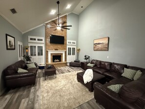 Smart TV, fireplace, video games, DVD player