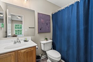Secadora de cabello, toallas, jabón, papel de baño