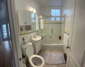 Hair dryer, towels, soap, shampoo