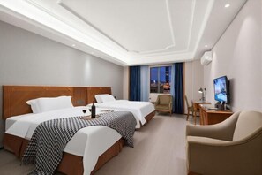 A hotel room with two beds, a desk, a chair, a television, and a window with curtains. - Bafei milai Hotel (Dongguan)