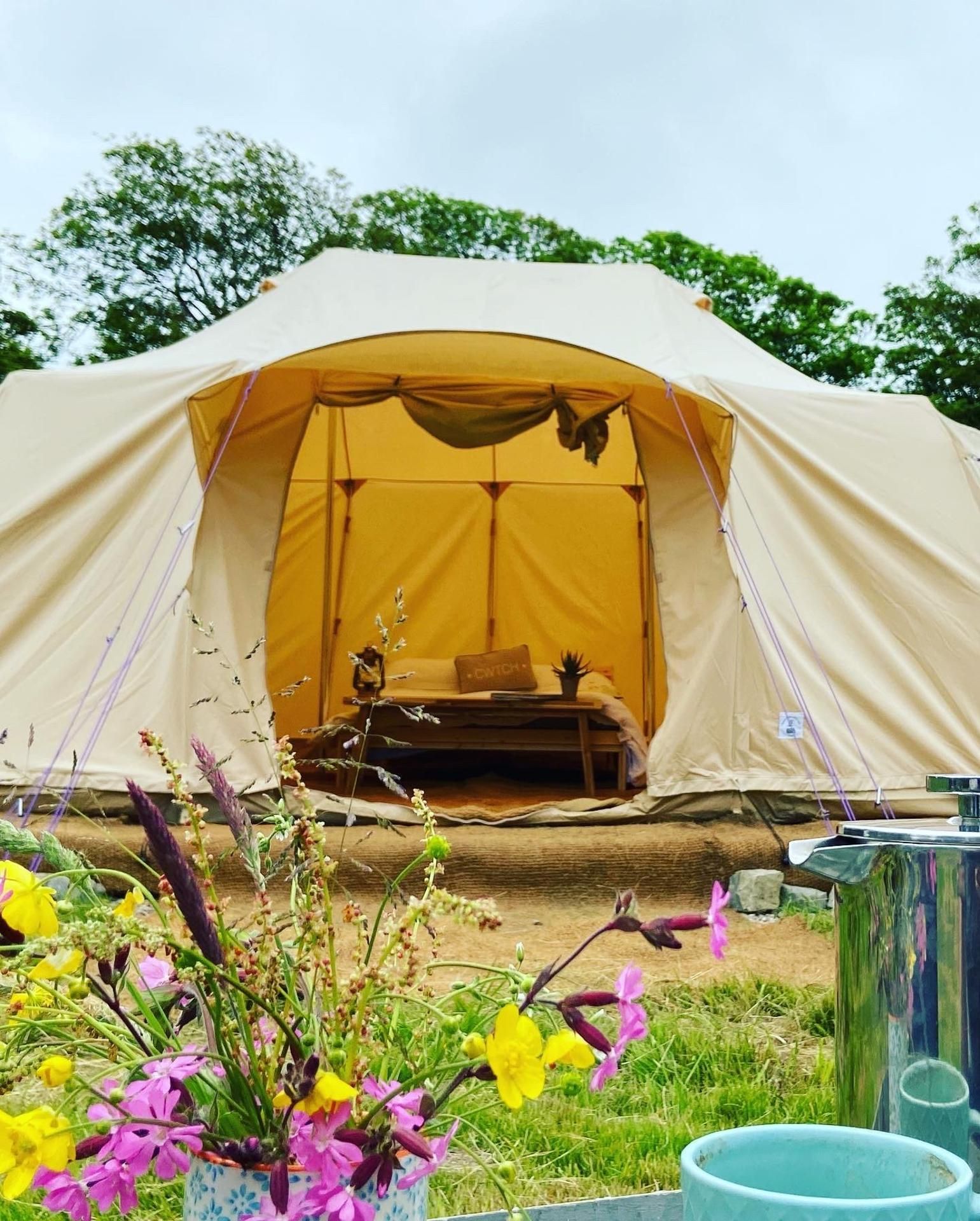 A large tent with a bed inside, surrounded by a grassy area with flowers.
