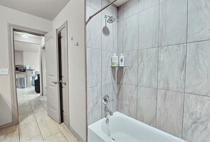 Hair dryer, towels, soap, toilet paper