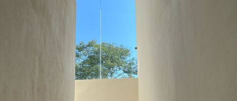 Escadaria que leva a uma varanda com vista desobstruída para árvores.