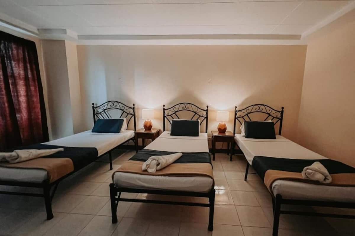 Une chambre d’hôtel avec quatre lits simples, chacun étant équipé d’une table de chevet et d’une lampe.