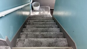 Una escalera con peldaños alfombrados que conduce a una zona de descanso.