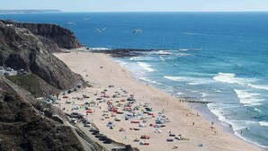 Une plage côtière bordée de falaises rocheuses, avec une étendue de sable et une vue dégagée sur l’océan.