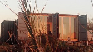 Une maison moderne, de type conteneur, dotée de grandes fenêtres et portes en verre, et entourée de végétation.