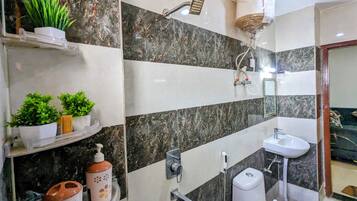 Shower, towels, soap, toilet paper